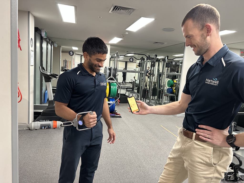 Strength testing with VALD technology Shoulder strength assessment showing real time data on the mobile app